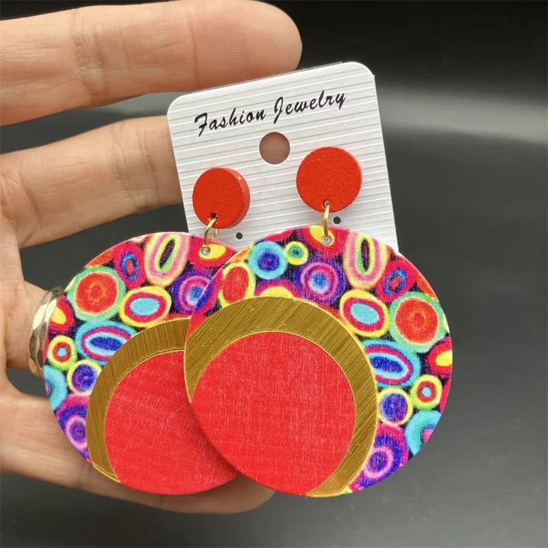 Fashion Exaggerated Round Earrings Printed Colorful Wooden Earrings for Women Ethnic Statement Jewelry Party Wedding Gift